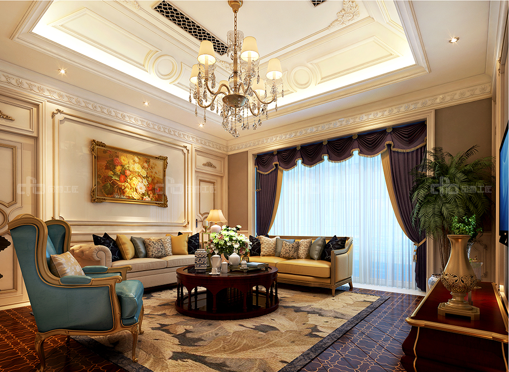 整木定制法式風(fēng)格，金色別墅裝修案例效果圖(圖3)